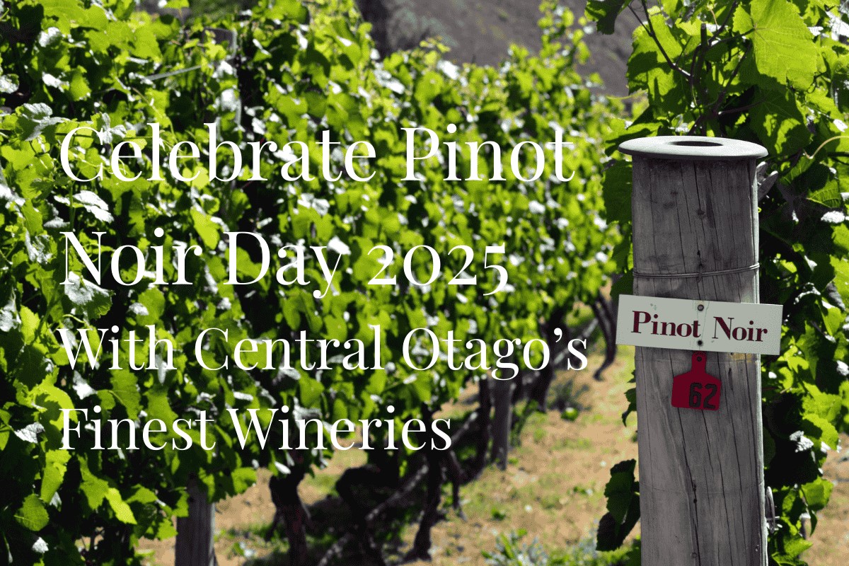 Central Otago vineyard with text overlay ‘Celebrate Pinot Noir Day 2025
